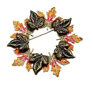 Wreath of Fall Leaf Pin Brooch Autumn Enameled Fall Color Round Wreath Signed KC
